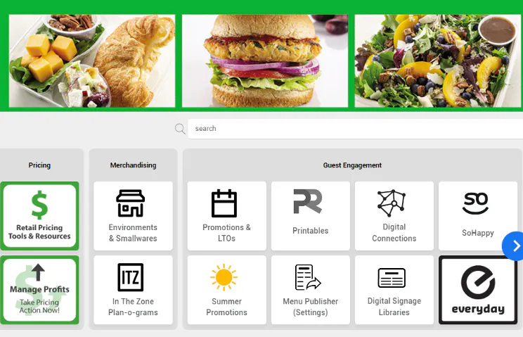 Sodexo retail portal with pricing, merchandising, promotions and digital signage tools.