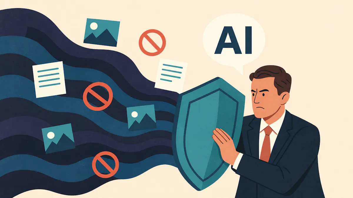 Illustration of a marketer shielding a brand from a wave of AI-generated content.