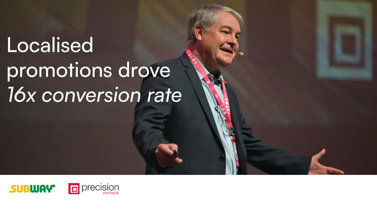 Precision presenter and Subway branding with the statement that localised promotions drove a 16x conversion rate.