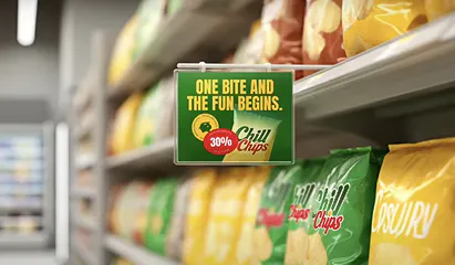 Retail display with on-brand CHILI Chips campaign materials