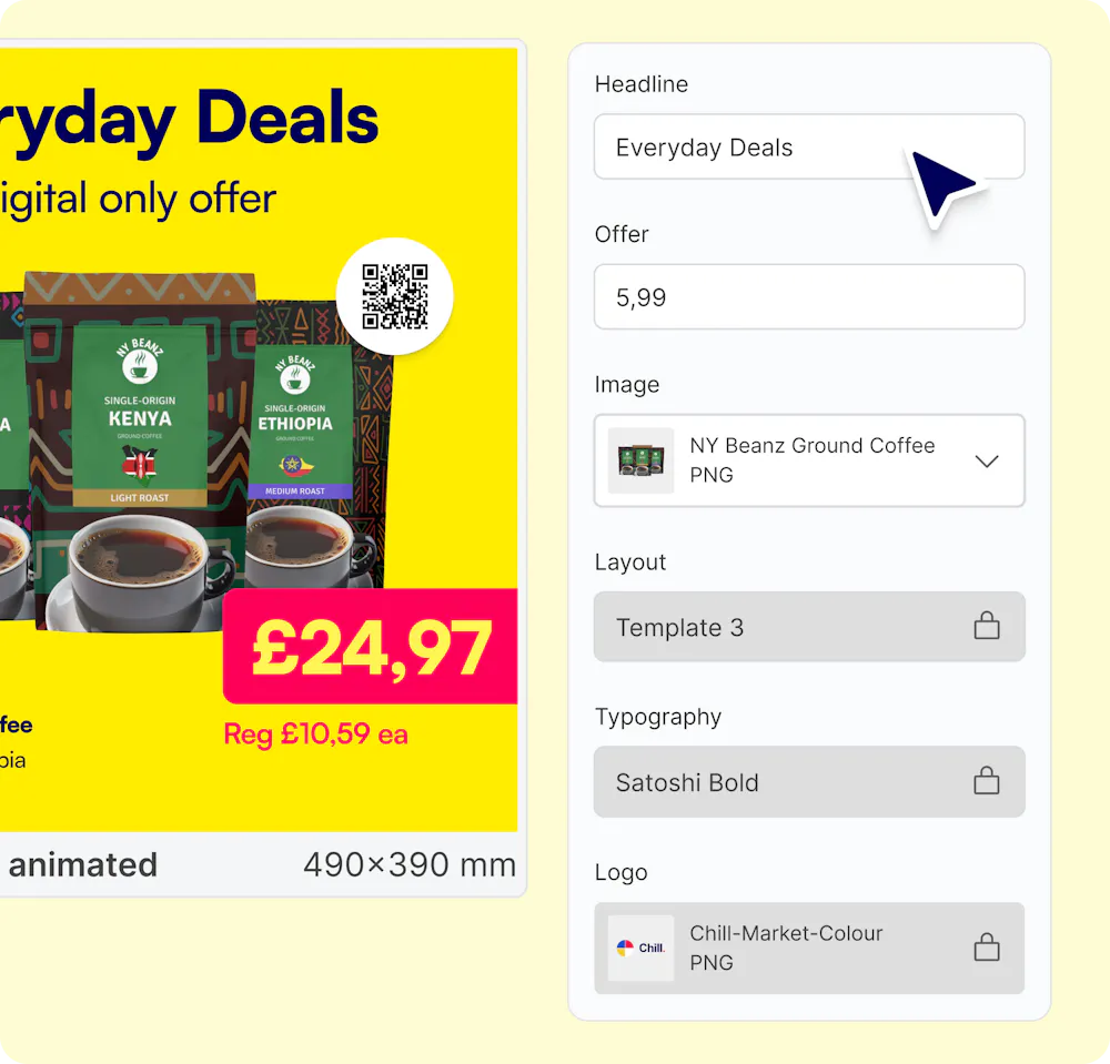 Editable campaign variables alongside locked layout, typography and logo settings.