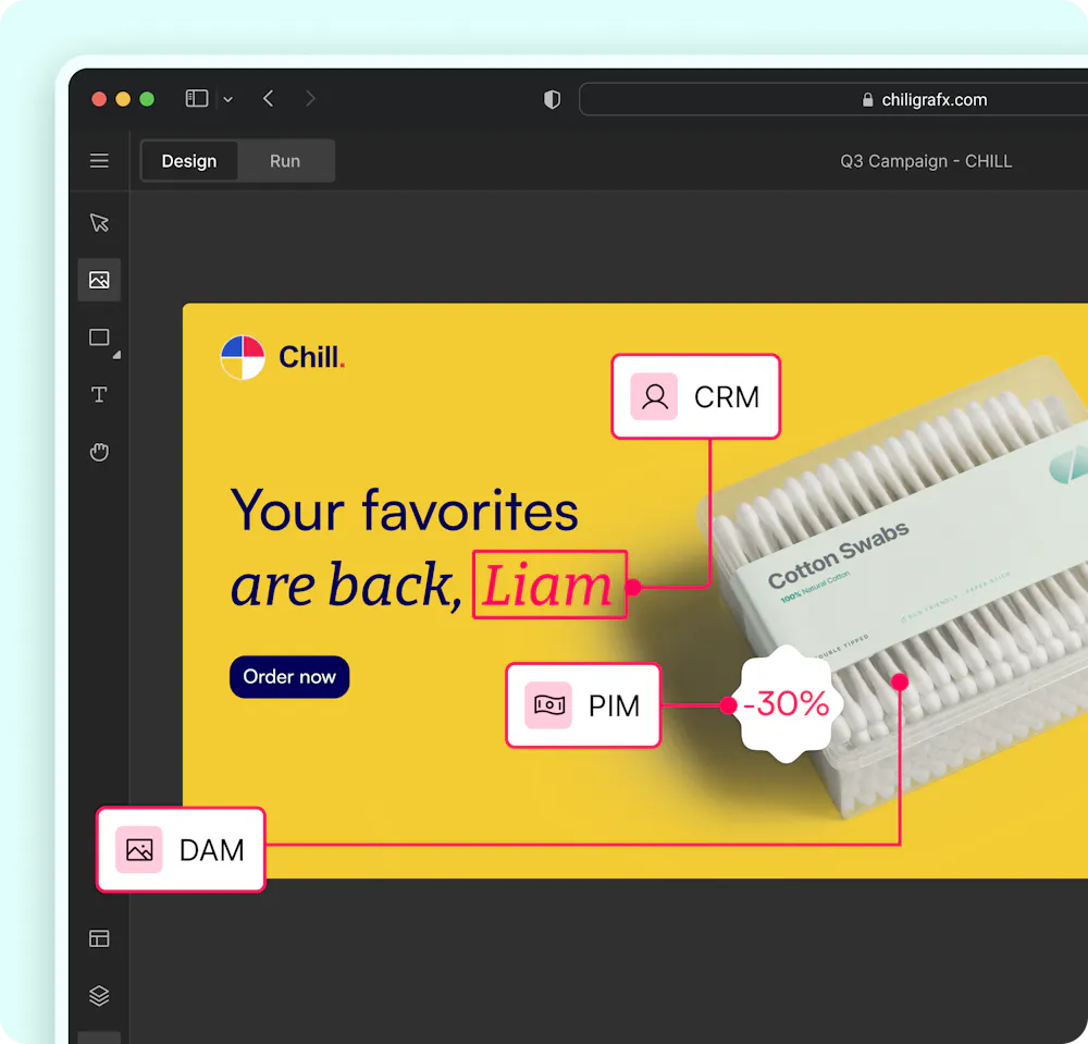 Campaign content connected to CRM, PIM and DAM systems.