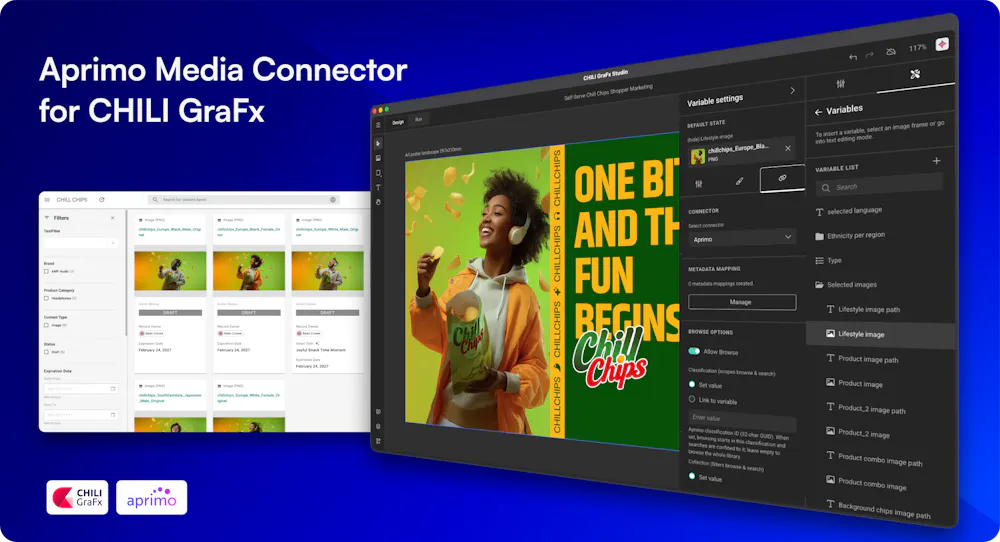 Screengrabs of Aprimo Media Connector for GraFx Studio on deep blue background, with Aprimo & CHILI GraFx logos