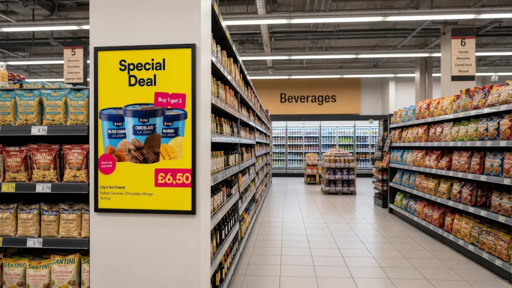 A promotional display beside supermarket shelves