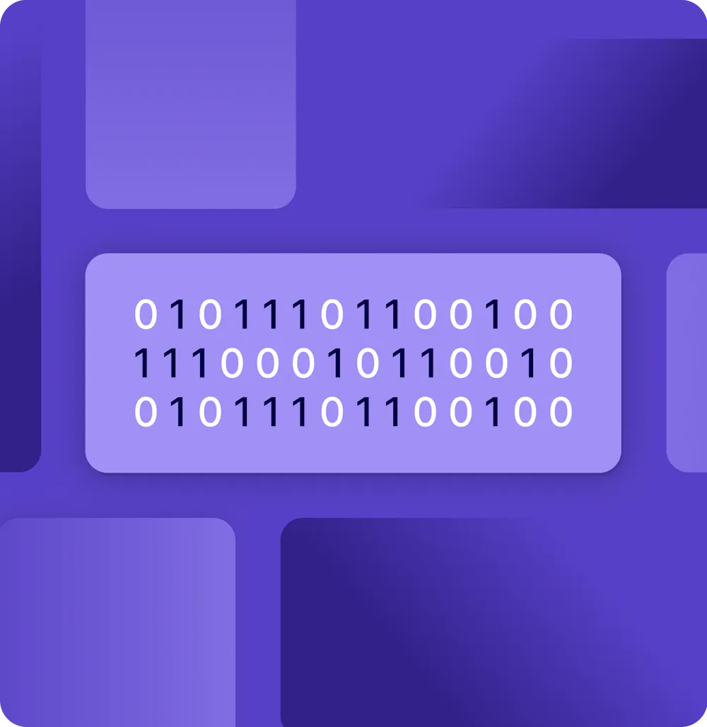 Illustration: rows of binary code on a purple tile surrounded by abstract blocks.