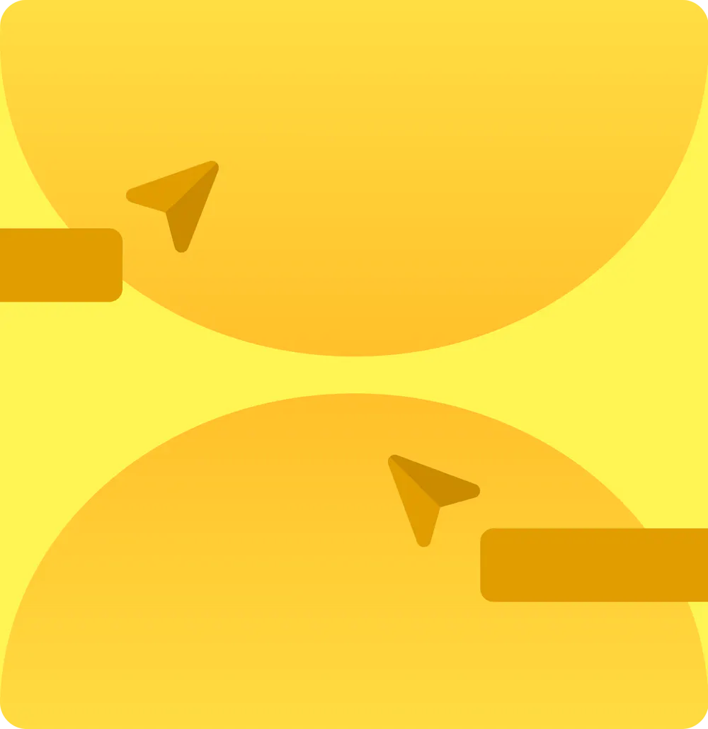 Illustration: two yellow halves with cursor arrows reaching towards each other across a gap.