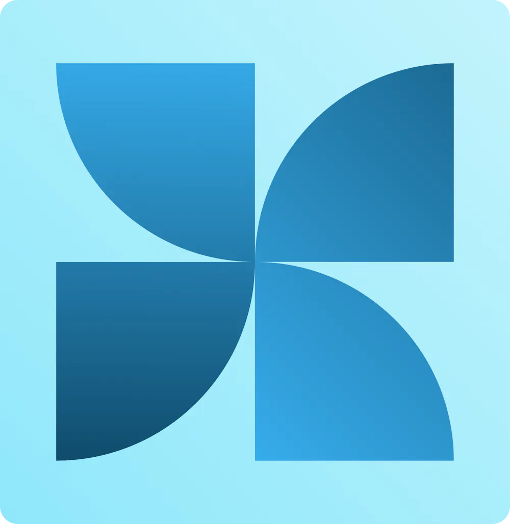 Illustration: four blue quarter-circle shapes arranged like a pinwheel.