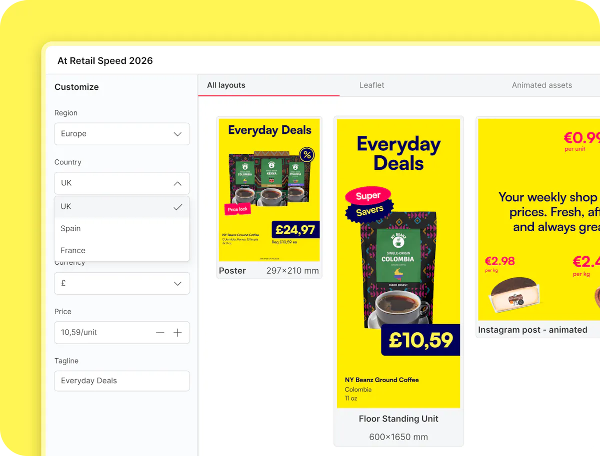 CHILI GraFx screen for the At Retail Speed 2026 project: settings for region (Europe), country (UK, with Spain and France as options), currency (£), price (10,59/unit) and tagline (Everyday Deals) generate matching promotion layouts, including a 297×210 mm poster, a 600×1650 mm floor standing unit and an animated Instagram post.