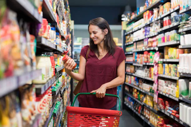 Shopper selecting a product in a supermarket aisle.