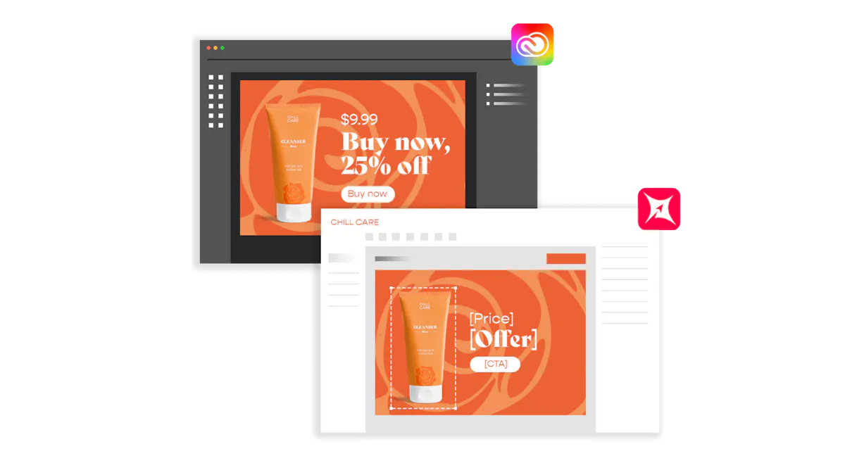 Smart Templates shown in design software and PDF output.