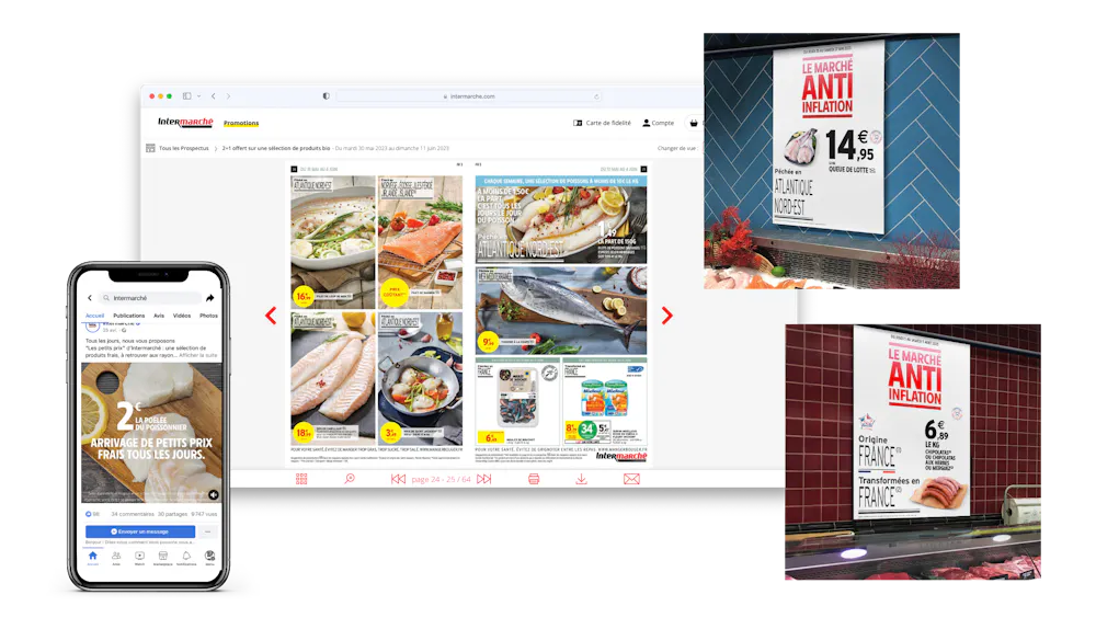 Intermarché promotions displayed on a website, mobile phone and in-store posters.